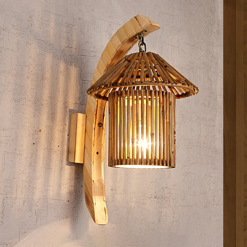 Modern Asian Wood Sconce Light Fixture With Tower Bamboo Shade For Restaurants