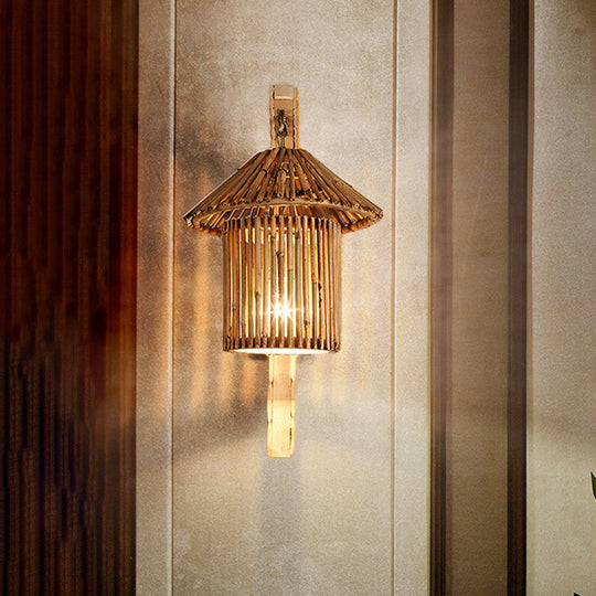 Modern Asian Wood Sconce Light Fixture With Tower Bamboo Shade For Restaurants