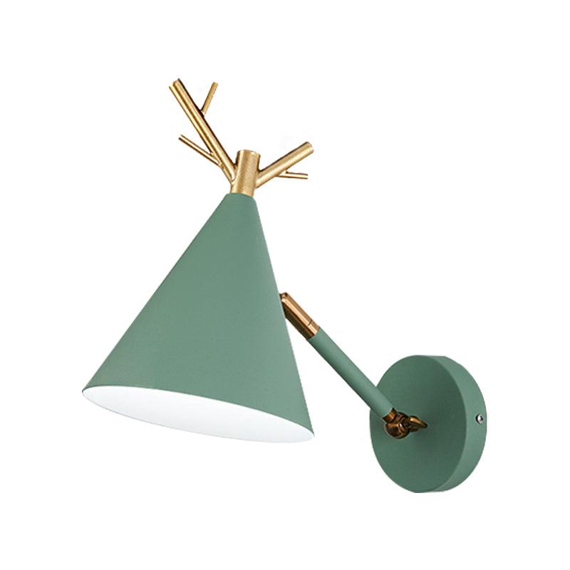 Minimalistic Cone Wall Sconce With Metal Antler Design In Grey/White/Green For Bedside