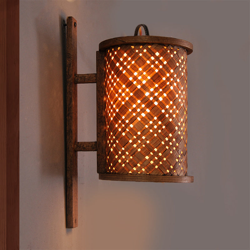 Bamboo Cylinder Wall Sconce In Asian Style - 1 Bulb Brown Light Fixture With Rectangle Backplate