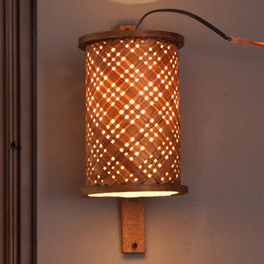 Bamboo Cylinder Wall Sconce In Asian Style - 1 Bulb Brown Light Fixture With Rectangle Backplate