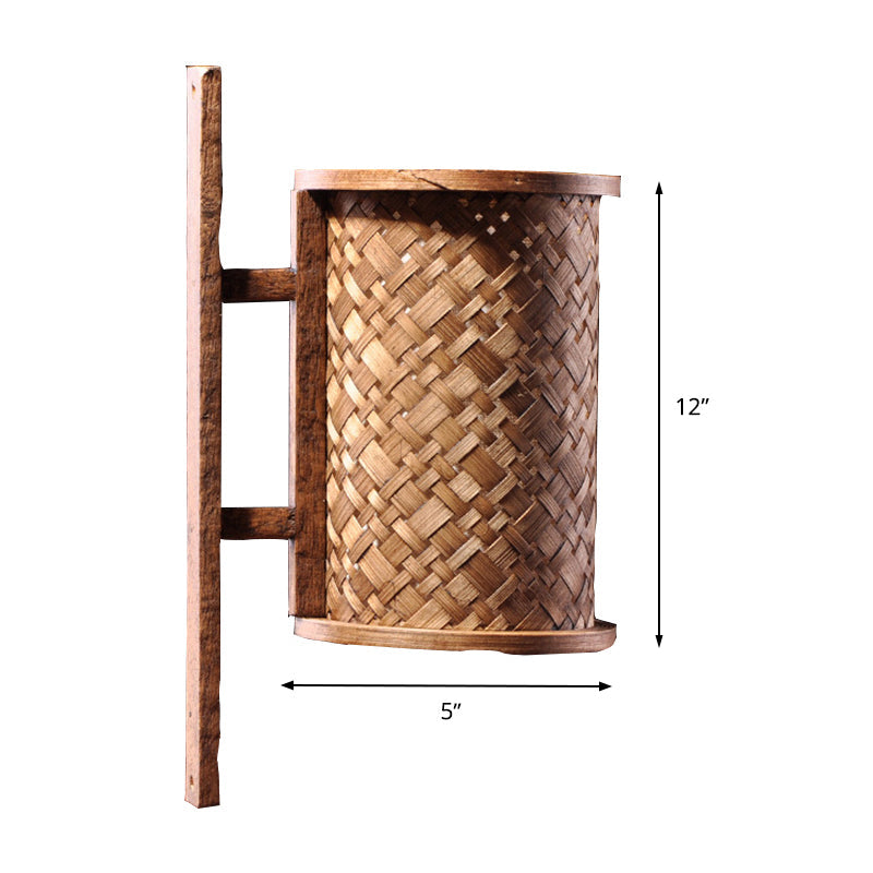 Bamboo Cylinder Wall Sconce In Asian Style - 1 Bulb Brown Light Fixture With Rectangle Backplate