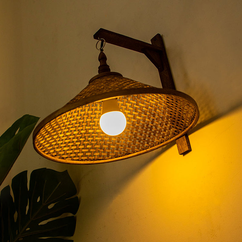 Conical Bamboo Sconce Light: Chinese 1 Bulb Wall Mount For Stairway Brown