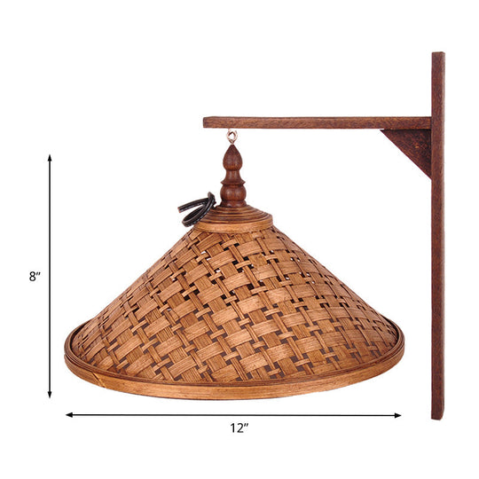 Conical Bamboo Sconce Light: Chinese 1 Bulb Wall Mount For Stairway Brown