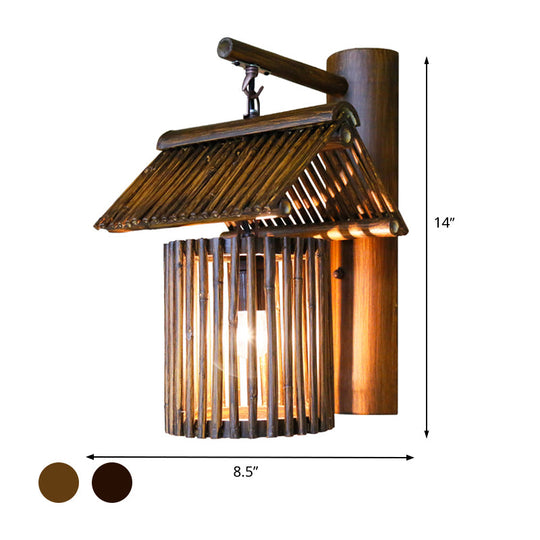 Asian Bamboo Wall Sconce In Dark Coffee/Khaki With Half-Cylinder Backplate