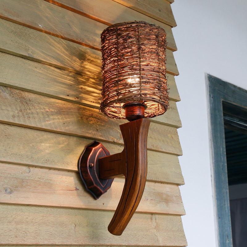 Chinese Inspired Wood Wall Lamp With Rattan Shade And Bulb - Brown Sconce Light Fixture