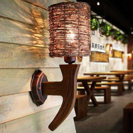 Chinese Inspired Wood Wall Lamp With Rattan Shade And Bulb - Brown Sconce Light Fixture