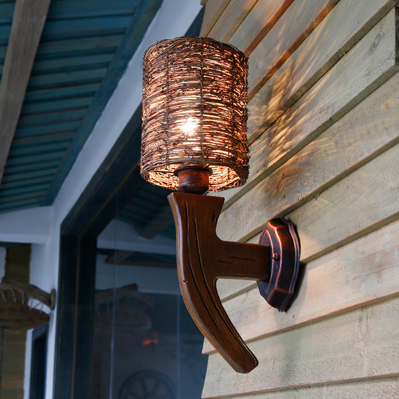 Chinese Inspired Wood Wall Lamp With Rattan Shade And Bulb - Brown Sconce Light Fixture