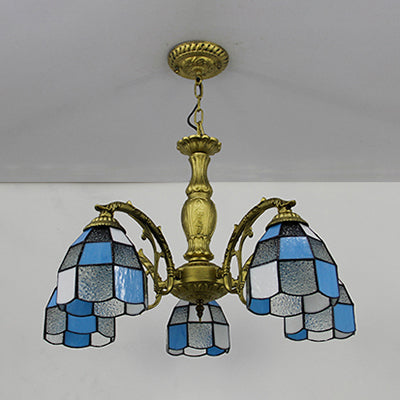 5-Light Dome Stained Glass Chandelier Lamp Adjustable Tiffany Style Pendant Light For Foyer