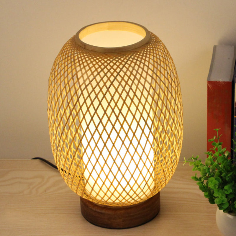 Japanese Bamboo Lantern Desk Lamp - Beige 1-Head Task Light With Circular Wood Base