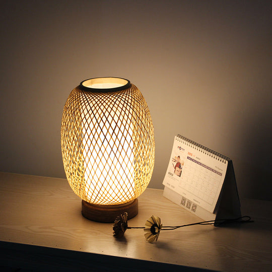 Japanese Bamboo Lantern Desk Lamp - Beige 1-Head Task Light With Circular Wood Base