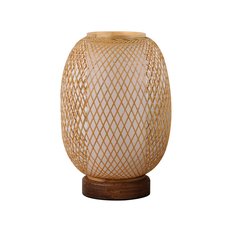 Japanese Bamboo Lantern Desk Lamp - Beige 1-Head Task Light With Circular Wood Base