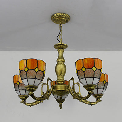 5-Light Dome Stained Glass Chandelier Lamp Adjustable Tiffany Style Pendant Light For Foyer