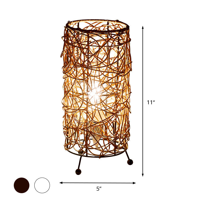 Chinese Bamboo Cylindrical Desk Light: 1 Bulb Task Lighting For Living Room In White/Coffee