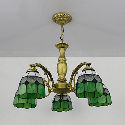 5-Light Dome Stained Glass Chandelier Lamp Adjustable Tiffany Style Pendant Light For Foyer