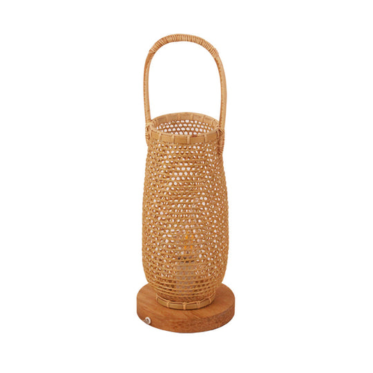 Japanese Bamboo Basket Desk Lamp With Circle Wood Base - Beige 1 Head Task Lighting