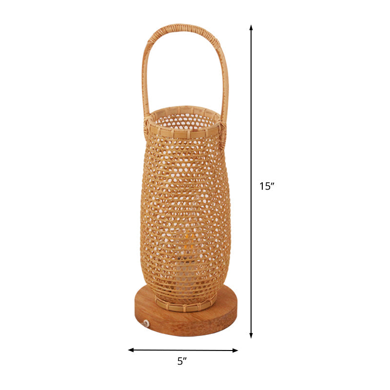 Japanese Bamboo Basket Desk Lamp With Circle Wood Base - Beige 1 Head Task Lighting