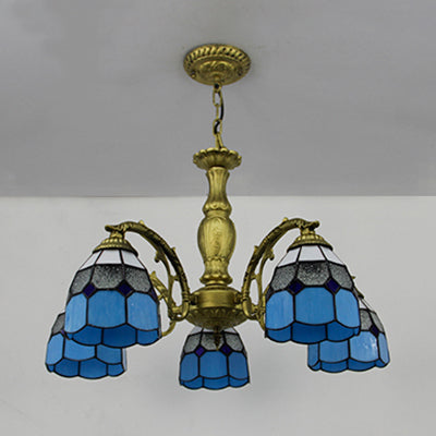 5-Light Dome Stained Glass Chandelier Lamp Adjustable Tiffany Style Pendant Light For Foyer