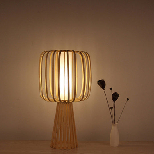 Asia Drum Bamboo Task Lamp: Wood Desk Light With White Inner Tube Parchment Shade