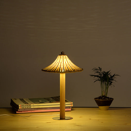 Chinese Wood Desk Lamp With Bell Bamboo Shade - 1-Head Task Lighting For Bedroom