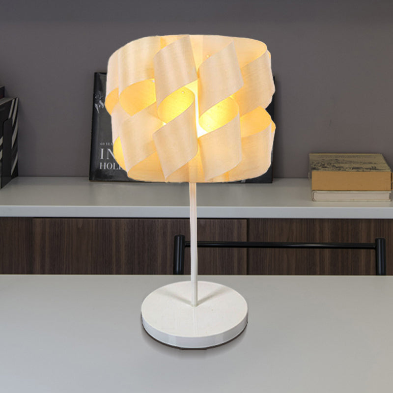 Small Japanese Wood Desk Lamp In Beige - Twist Task Lighting For Living Room