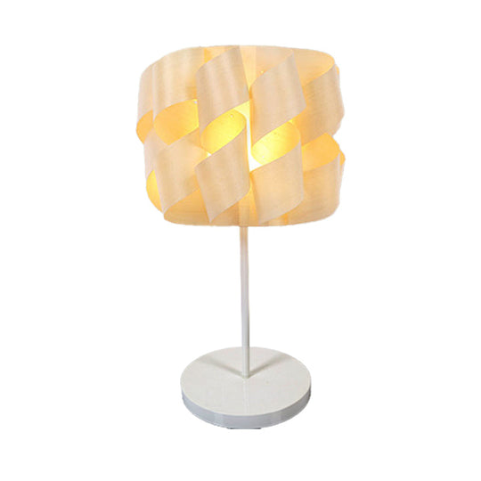 Small Japanese Wood Desk Lamp In Beige - Twist Task Lighting For Living Room