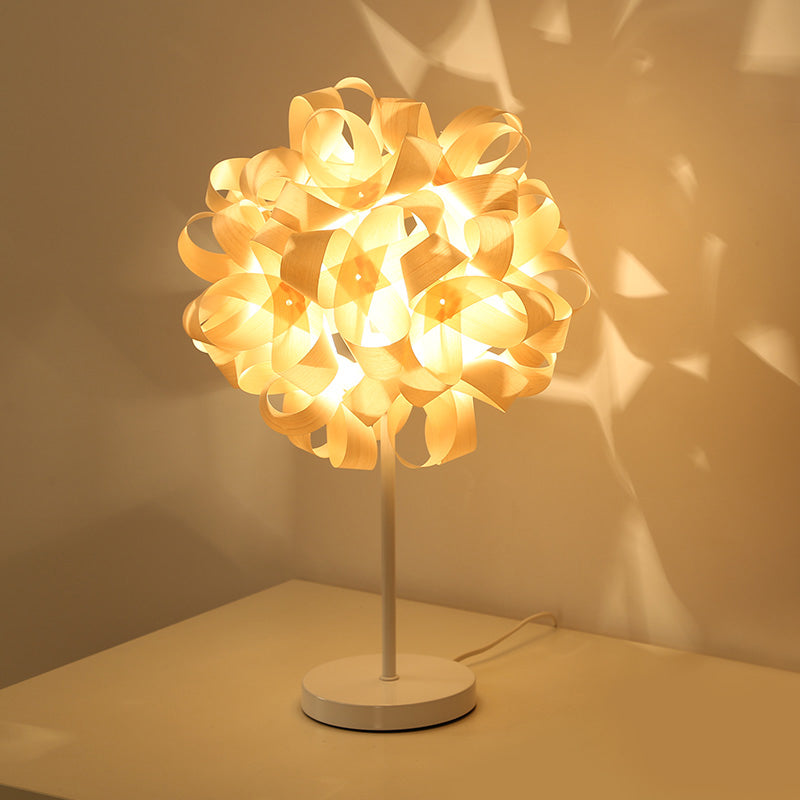 Asian Beige Bedside Desk Lamp With Floral Wood Shade - Small Size Task Lighting