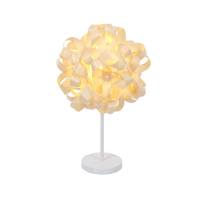 Asian Beige Bedside Desk Lamp With Floral Wood Shade - Small Size Task Lighting