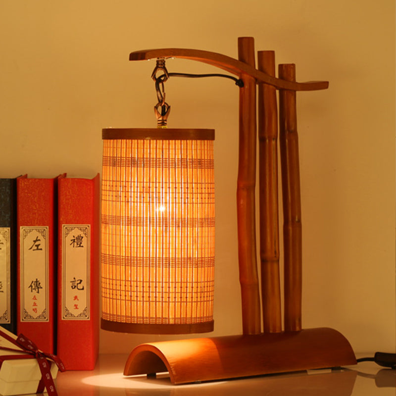 Bamboo Barrel Desk Lamp - 1-Head Chinese Task Light With Half-Cylinder Base In Red Brown