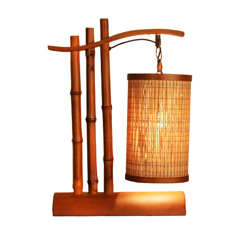 Bamboo Barrel Desk Lamp - 1-Head Chinese Task Light With Half-Cylinder Base In Red Brown