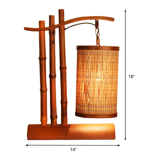 Bamboo Barrel Desk Lamp - 1-Head Chinese Task Light With Half-Cylinder Base In Red Brown