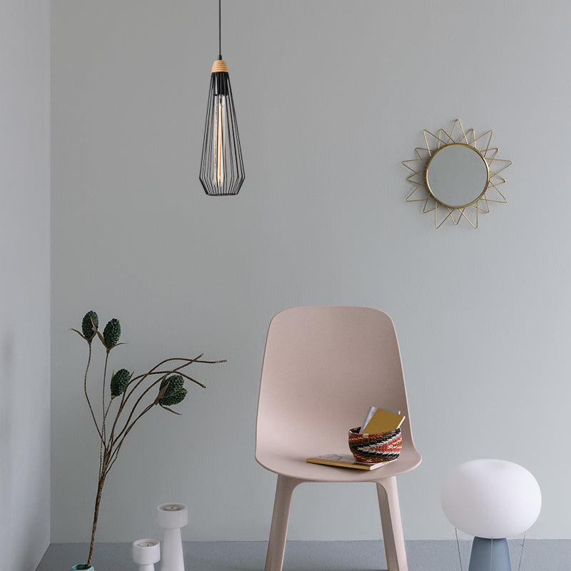 Modern Black/White Geometric Cage Pendant Light with Wooden Cap - Perfect for Bedroom