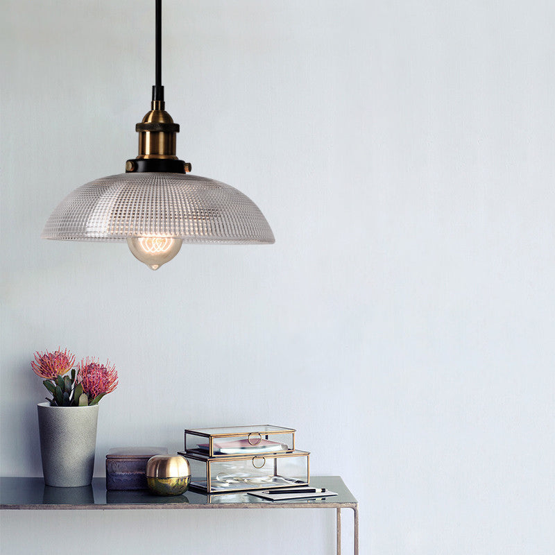 1-Light Grid Glass Ceiling Light With Brass Bowl Shade Perfect For Industrial Kitchen Décor