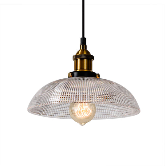 1-Light Grid Glass Ceiling Light With Brass Bowl Shade Perfect For Industrial Kitchen Décor