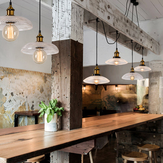 1-Light Grid Glass Ceiling Light With Brass Bowl Shade Perfect For Industrial Kitchen Décor