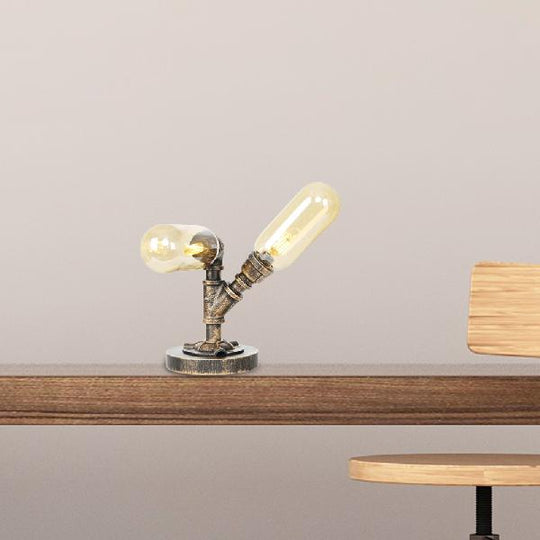 Oval Shade Desk Light - 2-Bulb Industrial Table Lamp In Aged Bronze With Clear/Amber Glass For