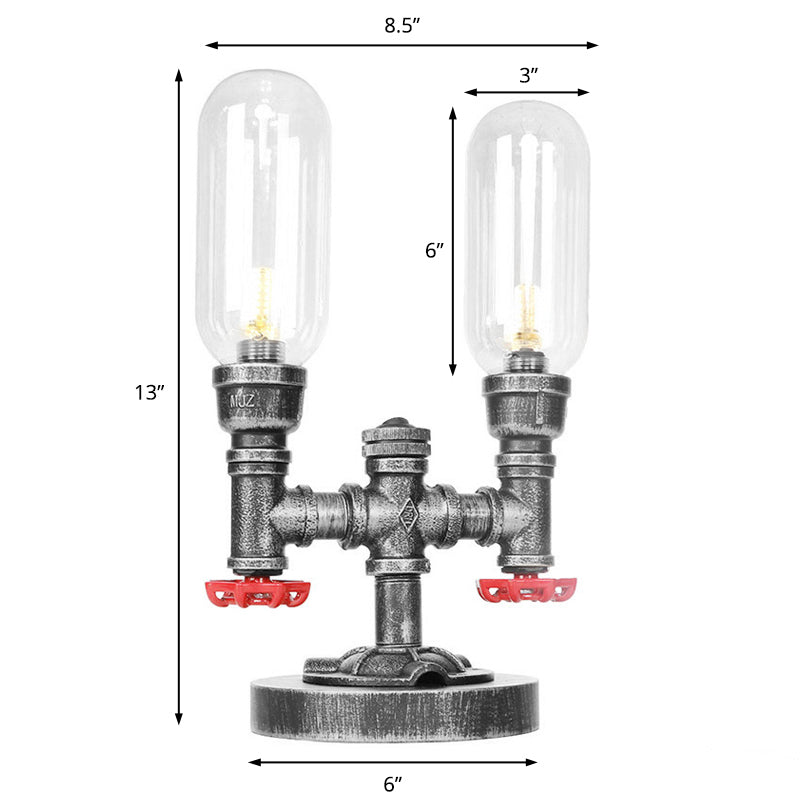 Clear/Amber Glass Antique Silver 2-Light Industrial Desk Lamp With Capsule Shade - Perfect For