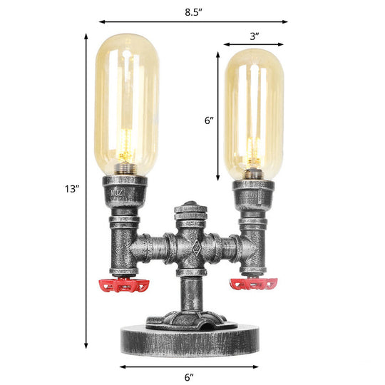 Clear/Amber Glass Antique Silver 2-Light Industrial Desk Lamp With Capsule Shade - Perfect For