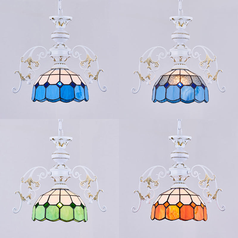 Tiffany Stained Glass Semi Globe Ceiling Light With Adjustable Chain - 1 Pendant In Multicolor