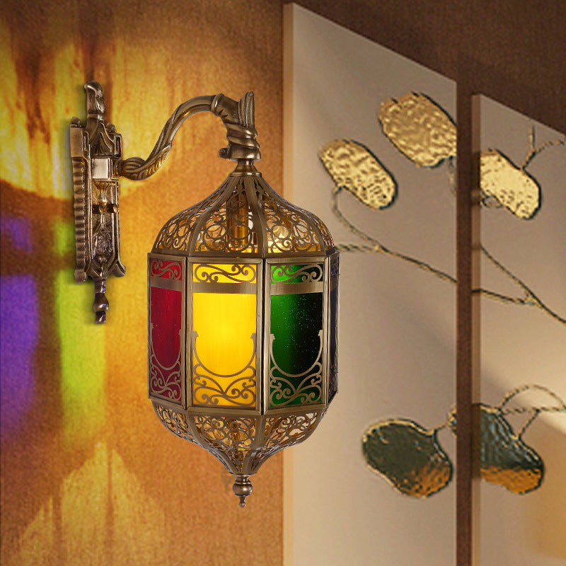 Brass Metal Sconce Wall Lamp With Curved Arm - Head Lantern Inspired Decorative Light Fixture