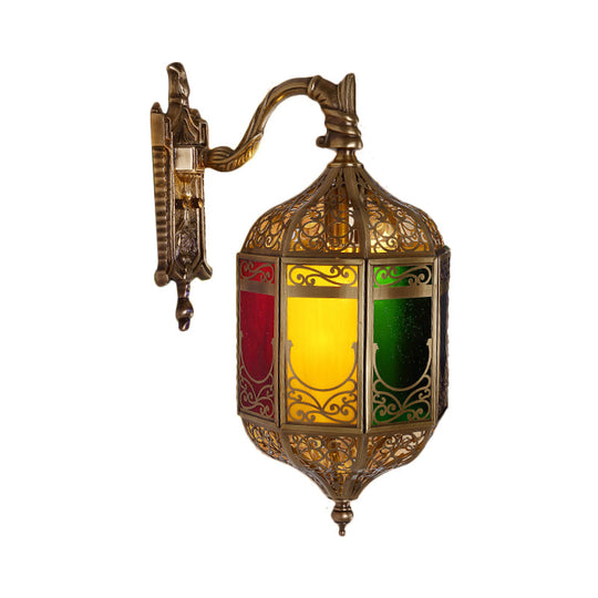 Brass Metal Sconce Wall Lamp With Curved Arm - Head Lantern Inspired Decorative Light Fixture