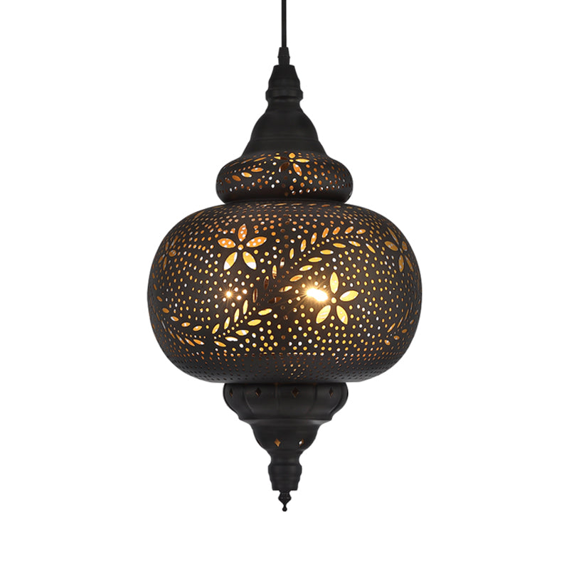 Gourd Hanging Light: Traditional Metal Pendant Fixture In Black 10/12 Wide