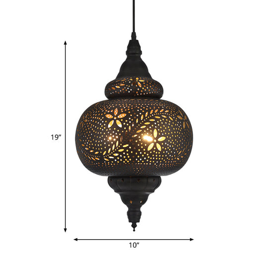 Gourd Hanging Light: Traditional Metal Pendant Fixture In Black 10/12 Wide