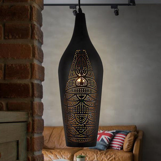 Black Carved Pendant Metal Ceiling Lamp With Decorative Suspension - 1 Bulb Design