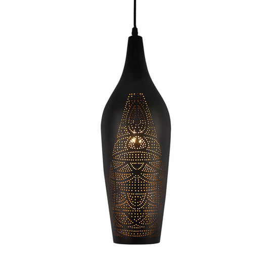 Black Carved Pendant Metal Ceiling Lamp With Decorative Suspension - 1 Bulb Design