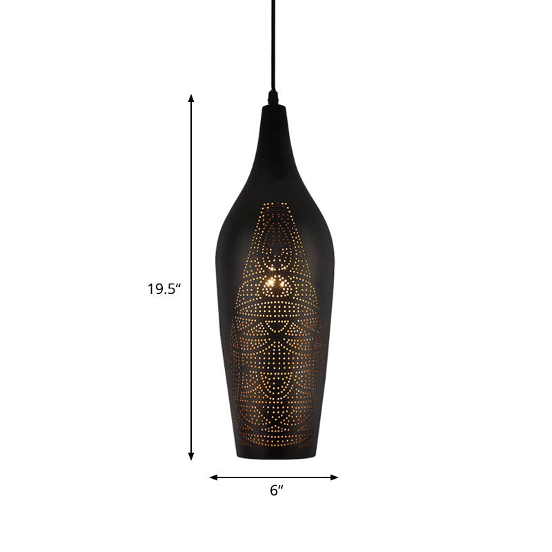 Black Carved Pendant Metal Ceiling Lamp With Decorative Suspension - 1 Bulb Design