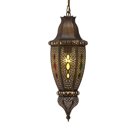 Bronze Carved Pendant Lamp With Decorative Metal Ceiling Suspension And 1 Bulb