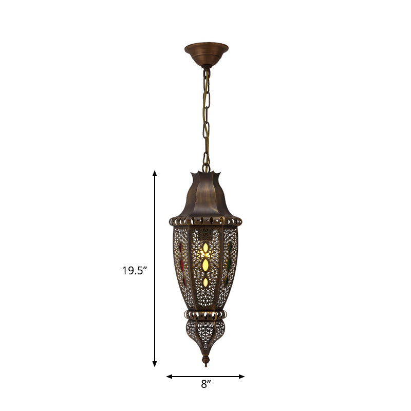 Bronze Carved Pendant Lamp With Decorative Metal Ceiling Suspension And 1 Bulb