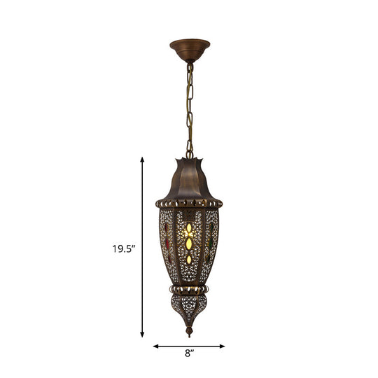 Bronze Carved Pendant Lamp With Decorative Metal Ceiling Suspension And 1 Bulb