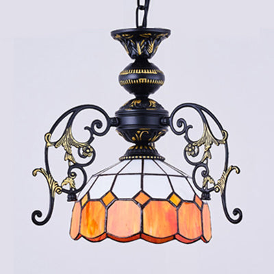 Rustic Domed Pendant Light with Hanging Chain - Yellow/Orange/Green/Blue - 1 Light - Black Finish - for Dining Room